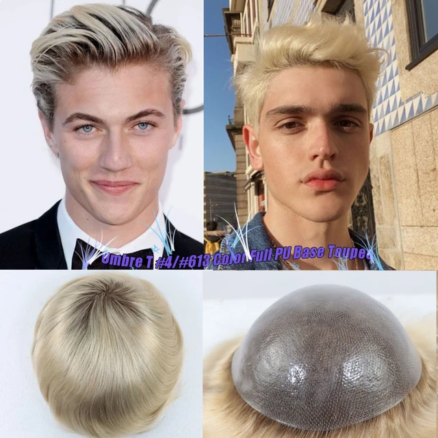 Dark Brown Roots 613 Platinum Blonde Ombre Color Human Hair Men s Full Pu Base Toupee 8x10inch Light Blonde Hair Piece System Pre colored Blend Wigs AliExpress