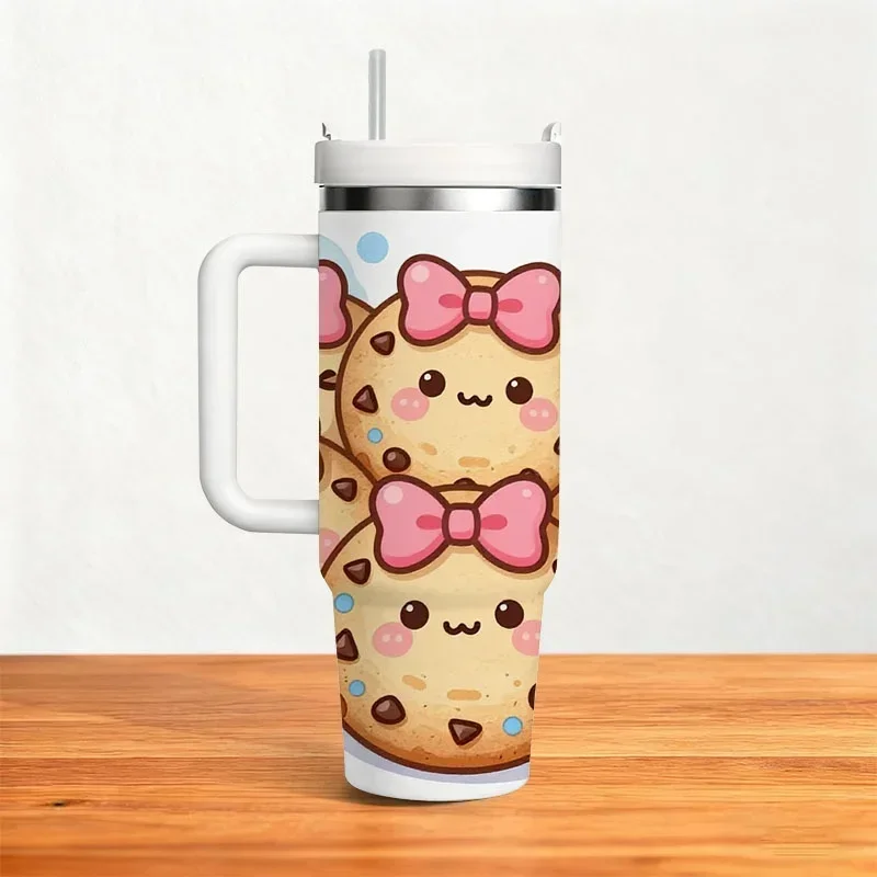 40Oz Stainless Steel Insulated Tumbler with Cute Smiling Cartoon Chocolate Chip Cookie Digital Print, Watercolor Blue And Pink Splash Background Design, Reusable Insulated Cup for Cold And Hot Drinks, Ideal for Daily Commute, Office And Outdoor Use