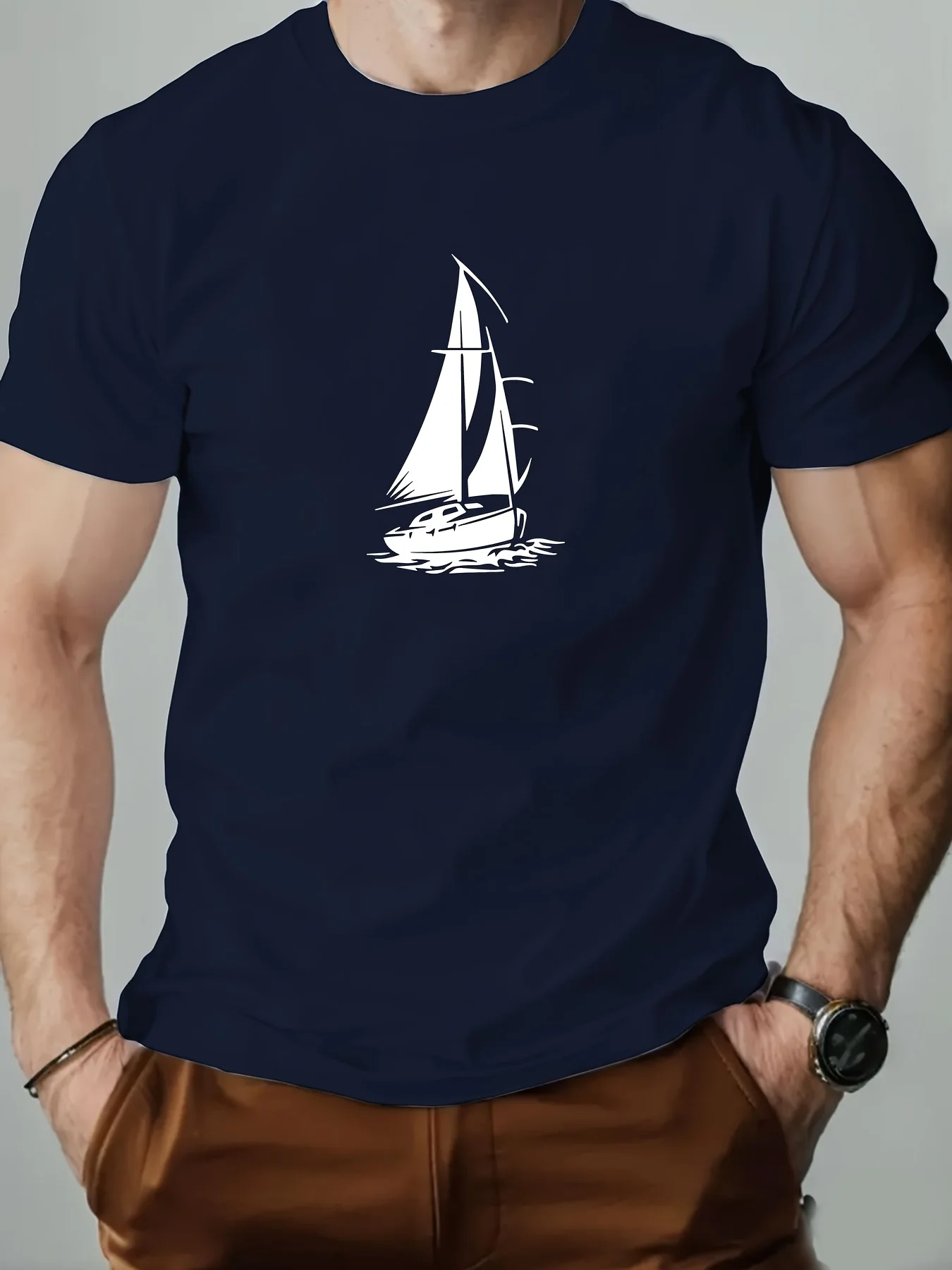 Men's casual sailing pattern summer T-shirt - Lightweight and breathable round-neck T-shirt, beach and outdoor T-shirt