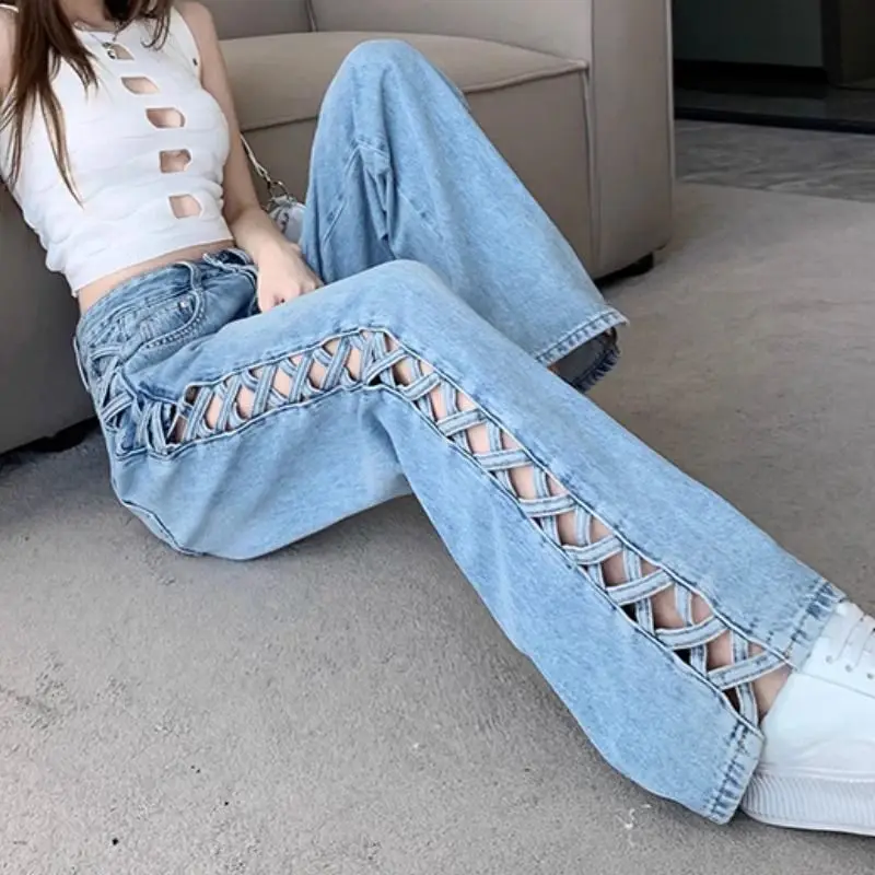 

American Retro Side Hollow Out Y2K 2000s ​​Jeans Women Summer High Waist Wide Leg Straight Trousers Streetwear Vintage Pants