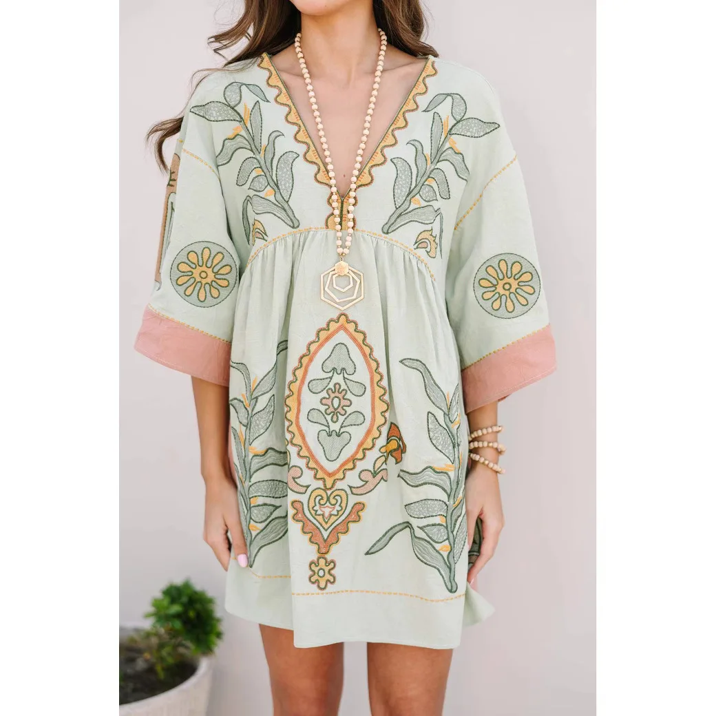 Boho Cotton Linen Floral Embroidery Mini Dresses For Women Vestidos Flare Sleeve Casual Oversize Losse Ladies Dress Summer Robe