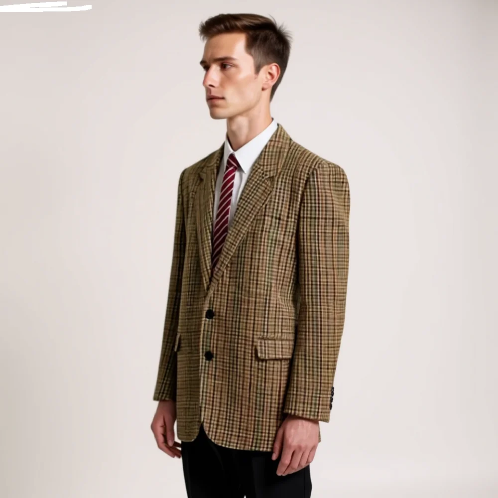 

Men's Houndstooth Brown Blazer Slim Fit Tuxedo Checkered Jacket Notch Lapel for Graduation Dance 1 Piece Casual Outerwear