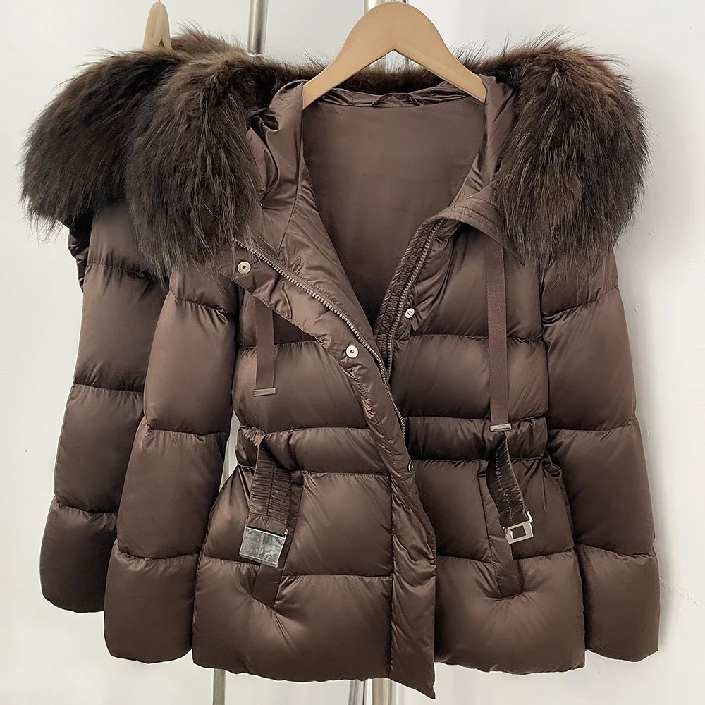 OFTBUY Winterjacke mit Echtem Kaninchenfellkragen, 90% Entendaunen, Damenjacke mit Reißverschluss und Taillenbund, Modische Echte Pelzoberbekleidung für Damen – Detail 11