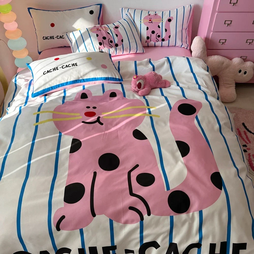 INS Bedding Comforter sets Pink Cat Duvet Cover bedsheets set with pillows case Bedding Linens Set for Double/Queen Cover Set