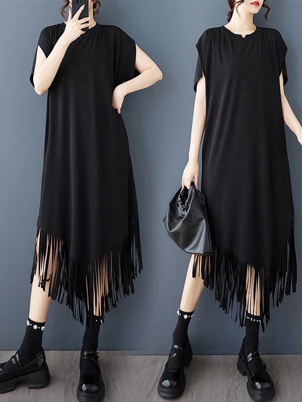 Tannt femmes robe asymétrie gland Patchwork noir t-shirt robes pour femmes irrégulière ample décontracté longues robes d'été 2025