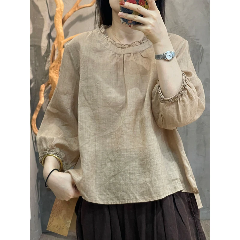 Women Summer Simplicity Loose Elegant Solid Color Cotton O-neck 3/4 Sleeve Shirts Women Clothes Casual All-match Sexy Top Tee