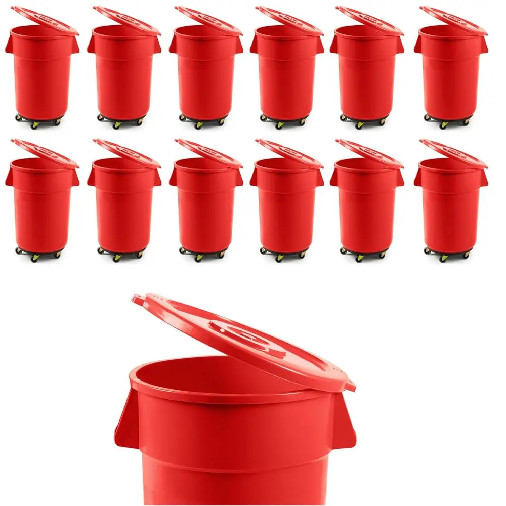 

Pack 55 Gallon Red Round Commercial Trash Can With Lid And Dolly / Ingredient Bin Recycling Bin Kitchen Garbage Can Office Garba