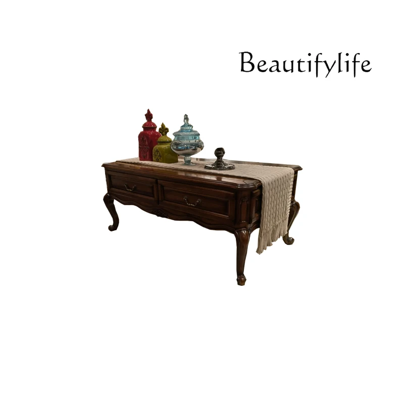 

American all-solid wood coffee table, living room, walnut tea table, storage engraving designer style