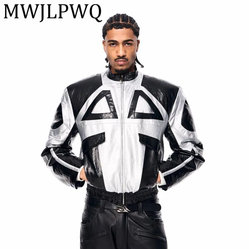 

MWJLPWQ Silver Structural Patchwork Quilted Motorcycle Winter Short Stand Collar Racing Men Leather Jacket High Street Top 12769