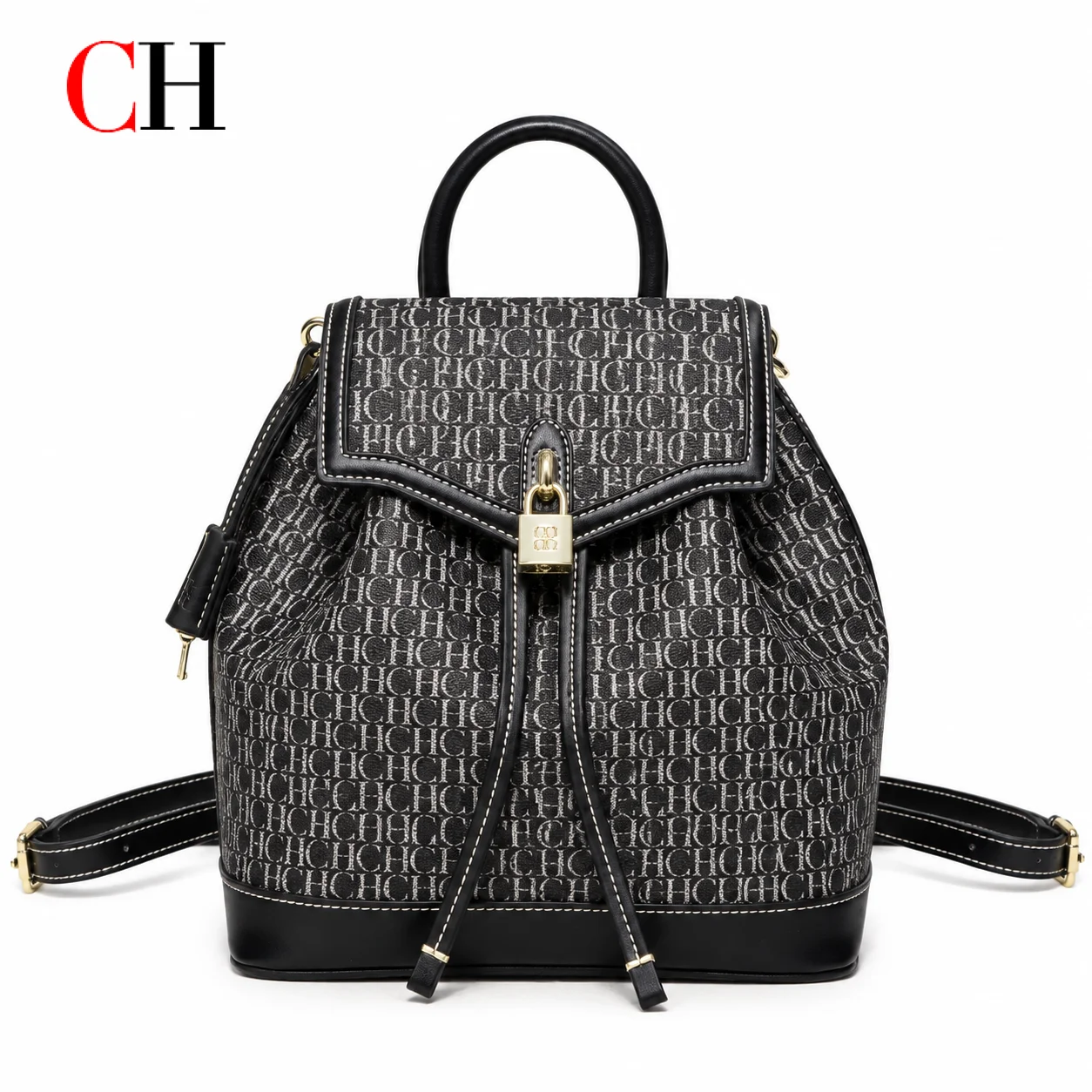 CH Fashion Women Letter Print Backpack PU Leather Flap Shoulder Bag Large Capacity Vintage Ladies Handbag Travel Purse