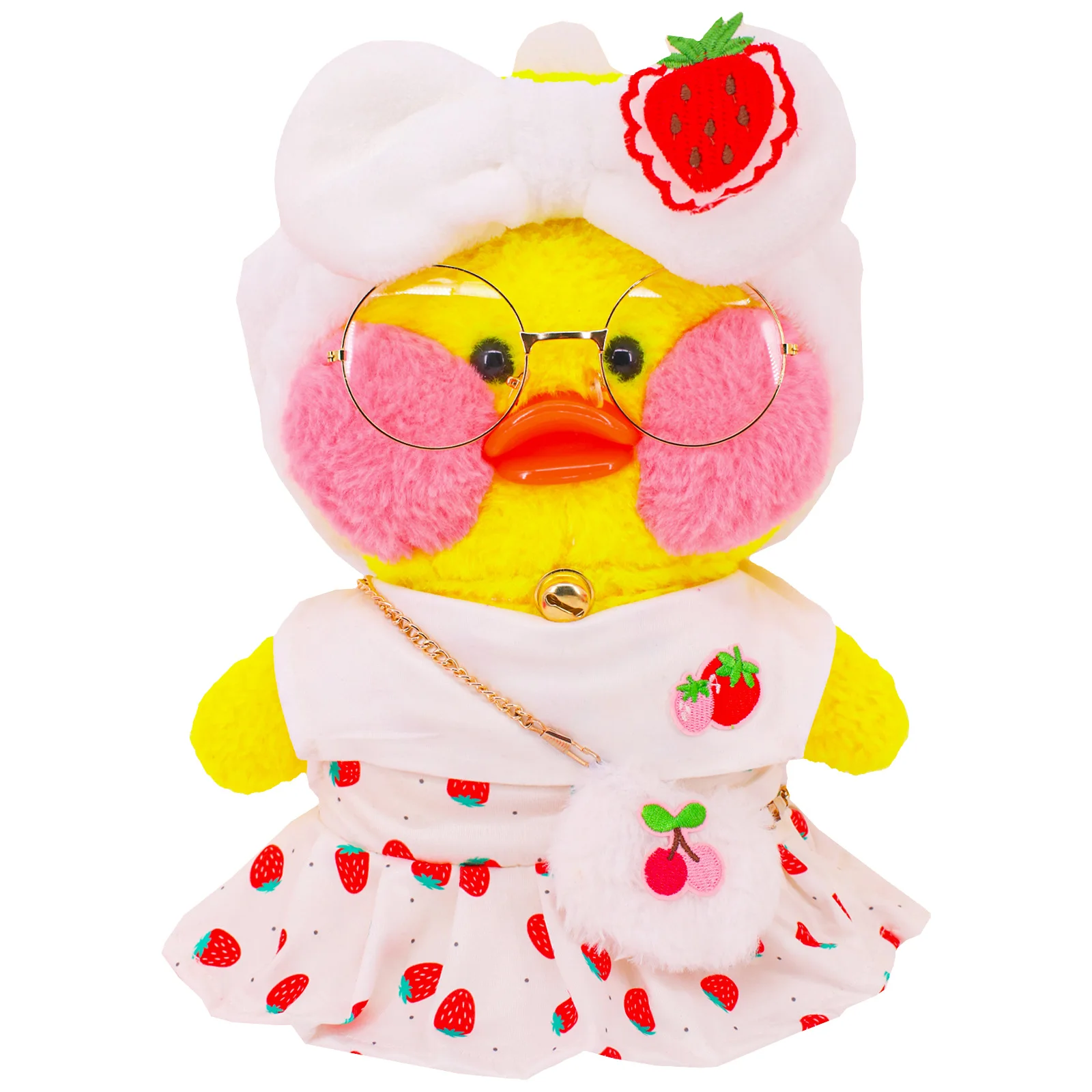 Yellow Duck Doll Clothes for Kids, 30 cm Uniformes, Strawberry Print Dress, Óculos, Messenger Bag, Ladies 'Accessories, Presentes