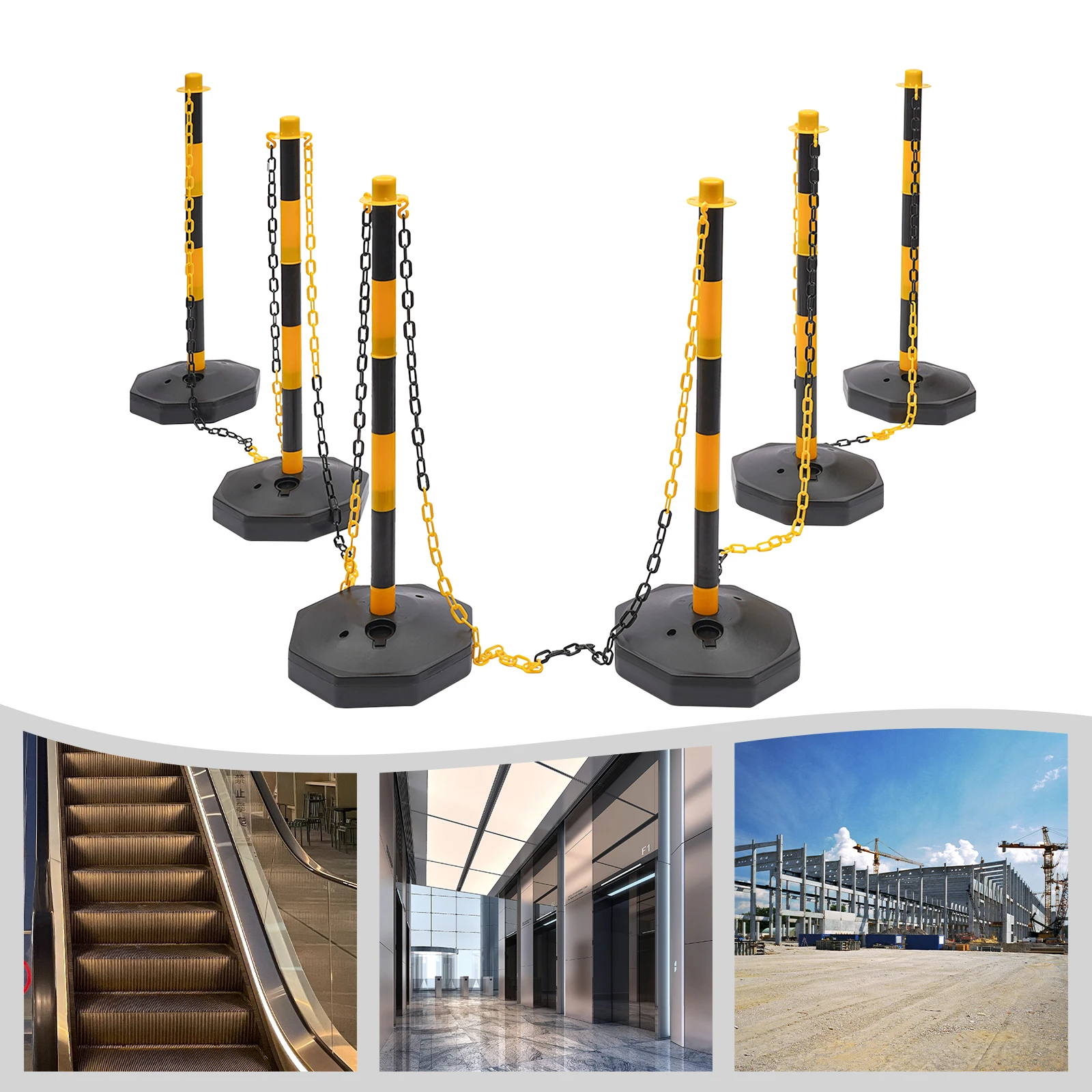 

6 Pack Yellow Black Traffic Cones Fillable Base Delineator Post,Street Stanchions Construction Barrier Parking Chain railing