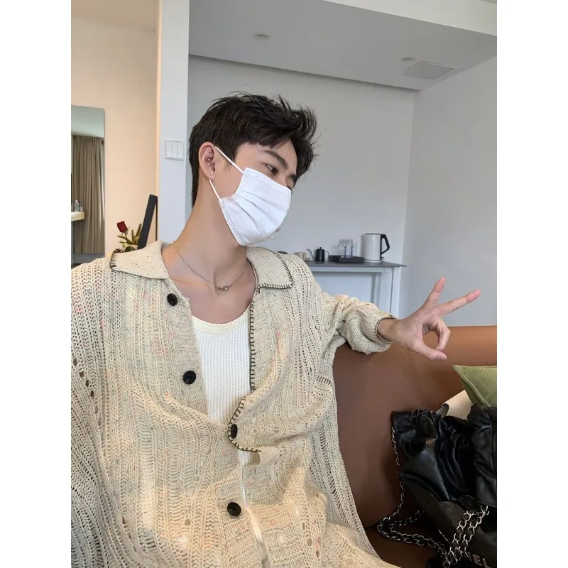 Japanese Lazy Style Knitted Cardigan Sweater for Men's Spring Turn-down Collar Long Sleeve Hollow Simple Coat Loose Casual Tops