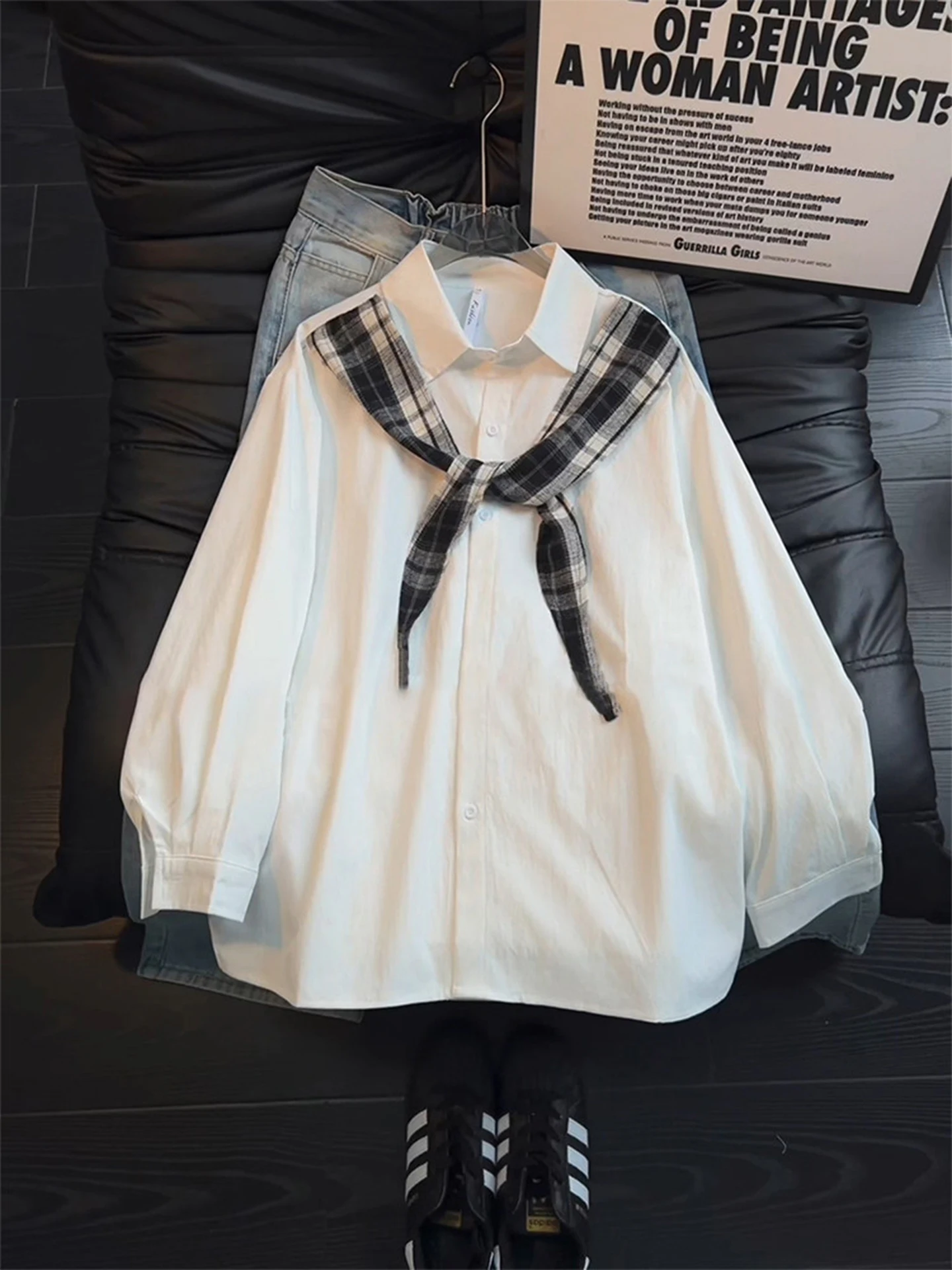 

Men's Long Sve White irt with Fake Two-Piece Silk Scarf Design Spring Casual Sle Polyester Fiber Breathable Comfortable