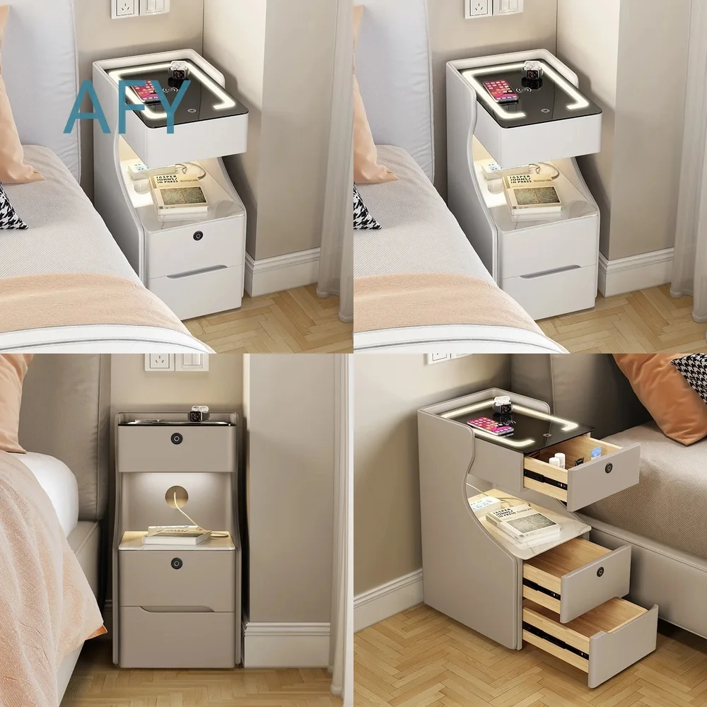 Modern Luxury Wooden Smart Bedside Table Small Nightstand with Bluetooth Speaker Fingerprint Lock for Bedroom for iPhone for