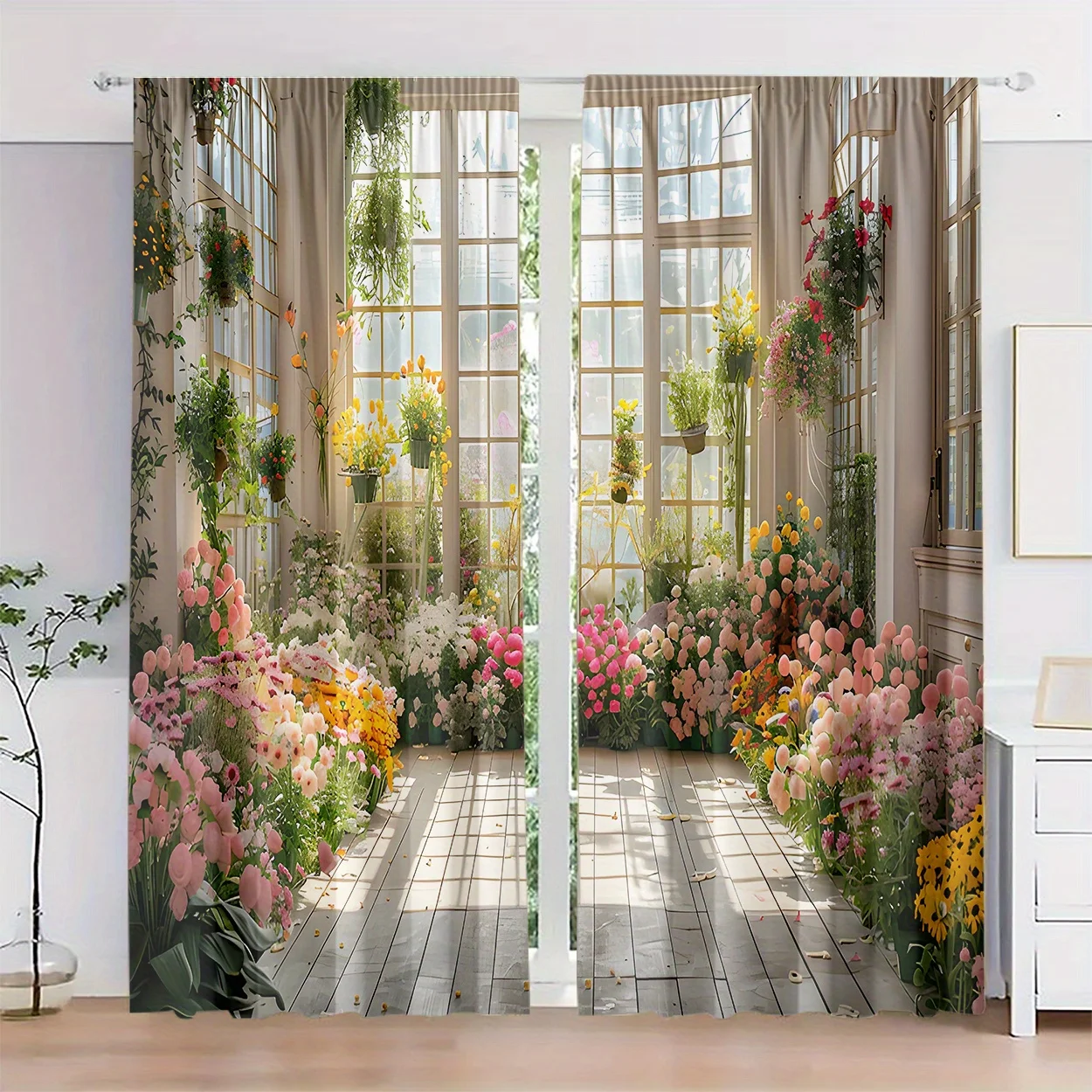 Floral Garden Mural Print Curtains Sheer Window Decor Bohemian Spring Cottagecore Style Panels for Bedroom Living Room Divider