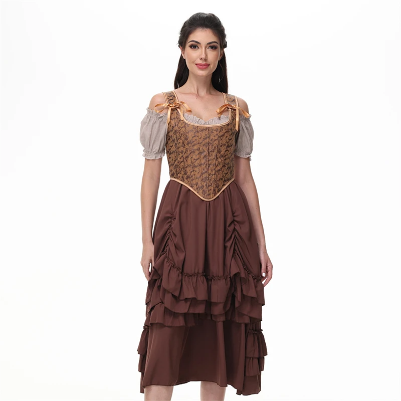 Women Coffee Gothic Shoulder Strap Overbust Corset Tops Vintage Medieval Lace-up Bustier Lingerie Body Shaper Vest Corselet