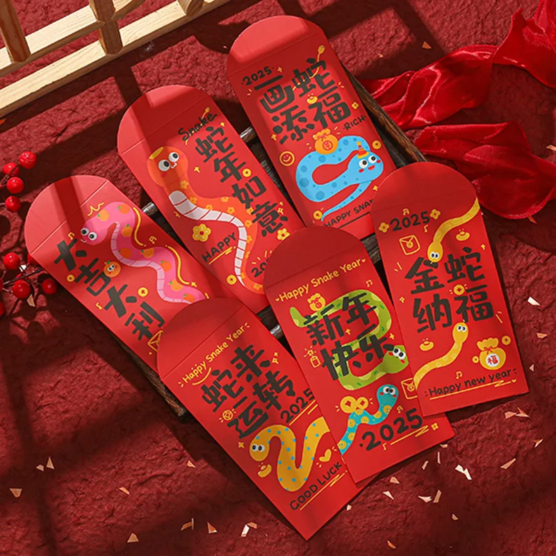 

6Pcs Chinese New Year 2025 Red Envelopes Cartoon Snake Cute Mahjong Red Pocket Gift Envelope Wedding Gift Bag Good Luck Hongbao