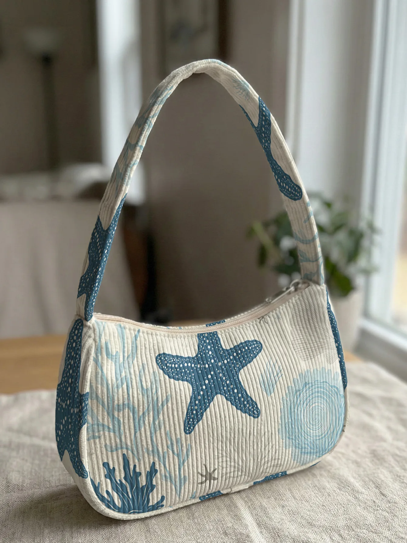 Trendy Starfish Print Shoulder Bag, Corduroy Underarm Bag for Daily Casual Use