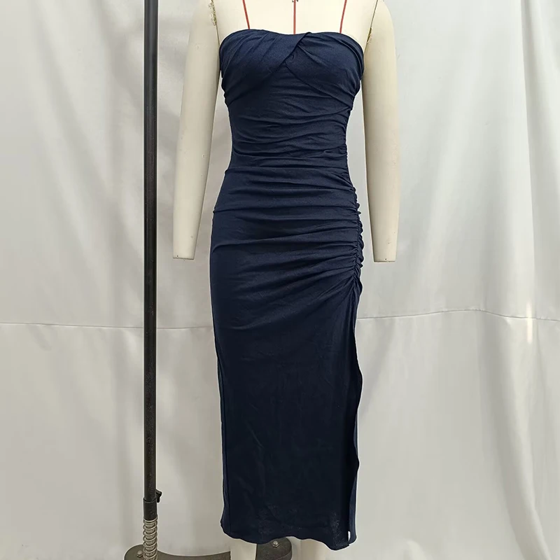 YENKYE Sexy Women Ruched Strapless Midi Dress Fashion Side Slit Holiday Party Vestidos Female Summer Dresses Navy Blue Pink