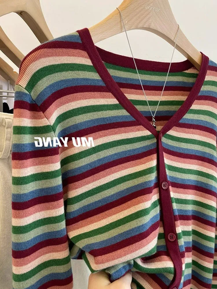 Korean Sle V-Ne Stripe Design Knitted Open Cardigan Slimming Long Sve Casual Age-Defng Women's Faion Top