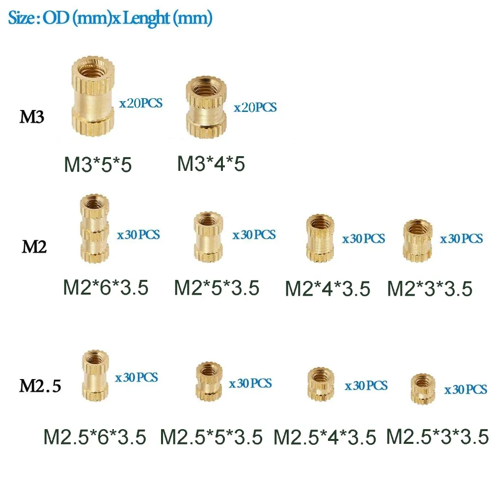 280PCS M2 M2.5 M3 M4 Female Thread Knurled Screw Nut Brass Threaded Insert Embedment Nuts Assortment Kit 3D Printing Accessories