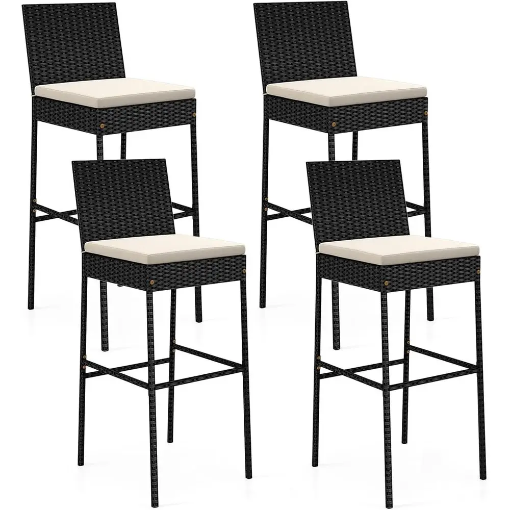 

4-Piece Wicker Rattan Outdoor Bar Stool Set with Cushions, 400 lbs Capacity, 30 Counter Height (Black)