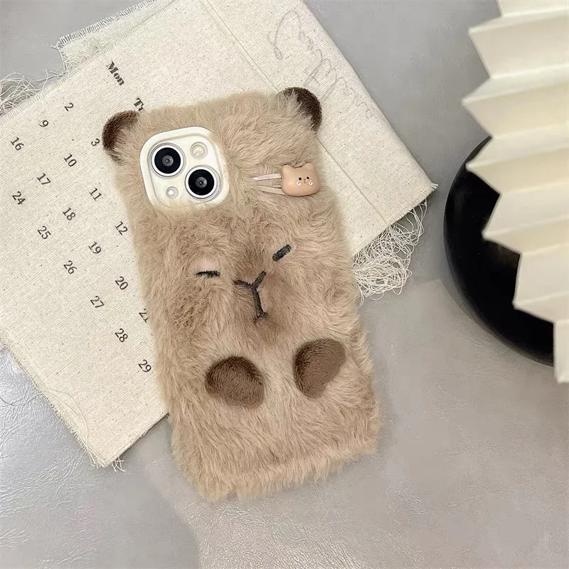 Cute Plush Embroidered Capybara Phone Case for iPhone 15 14 11 12 13 Pro Max, New Creative Women\'s Shockproof Luxury High-End Pr