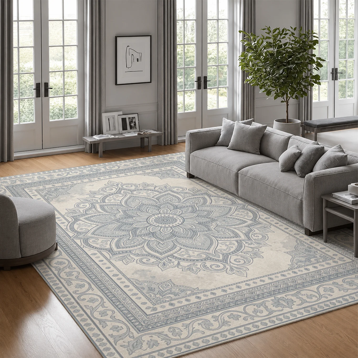 Ornate Mandala Pattern Velvet Area Rug, Machine Washable, Stable Placement, Soft Floor Carpet for Living Room, Bedroom, Dining Room, Hallway, Perfect for Halloween, Thanksgiving, Christmas, New Year, Black Friday, Cyber Monday Home Decor