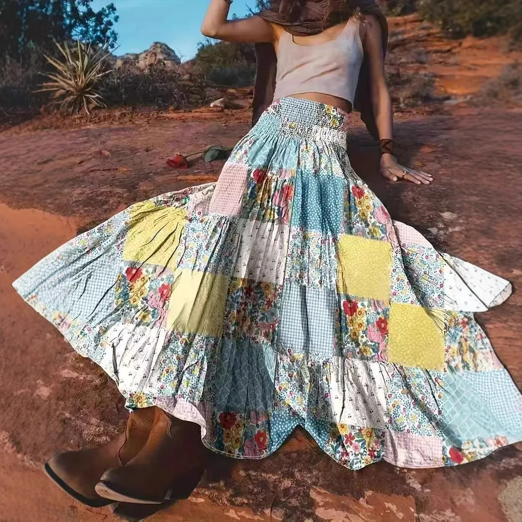 Europe, America, Amazon Cross-border Printing Splicing Women's Clothing Popular Floral Skirt Long Skirt Cw31985