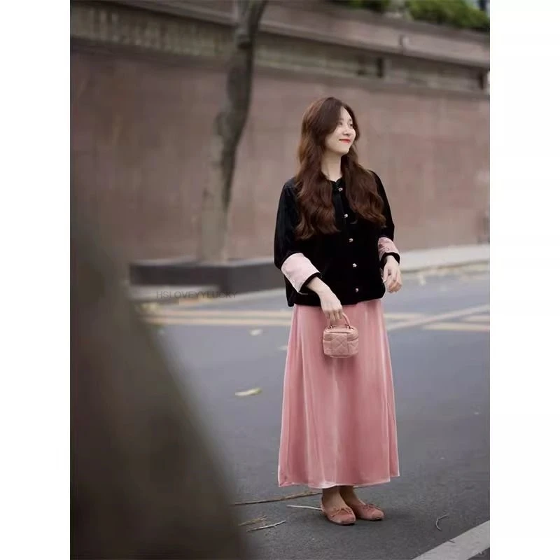 Autumn Winter Outfit Set Beautiful New Chinese Style National Wind Buttoned Overcoat half-length Skirt two-piece Tangsuits Top