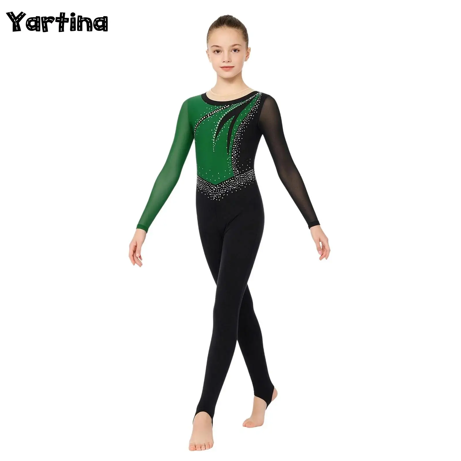 

Kids Girls Gymnastics Ballet Dance Performance Costume Mesh Long Sleeves Keyhole Back Shiny Rhinestones Dance Unitards Jumpsuit