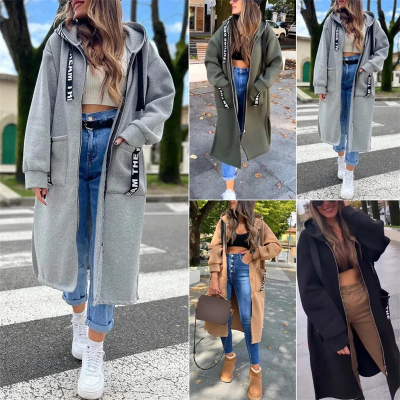 2025 Fashion Solid Color Hooded Sports Fleece Warm Sweatshirt Winter Casual Long Sleeved Zipper Jacket Women Overcoat Streetwear
