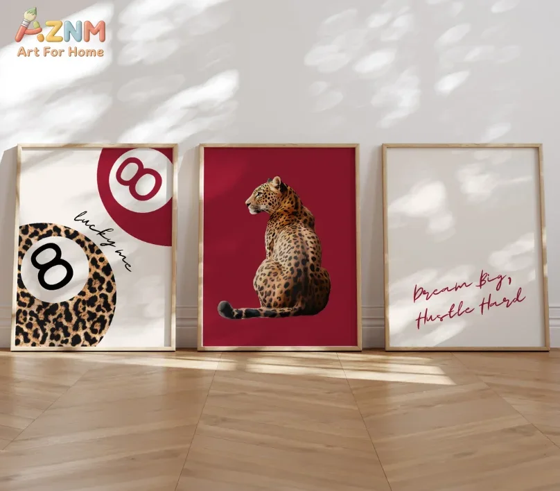 [2D Flat]1/3Pcs Canvas Poster(No Frame!!!), Trendy Red Leopard Print Wall Art Set, 8 Ball, Leopard & Quote Prints, “Lucky Me” an