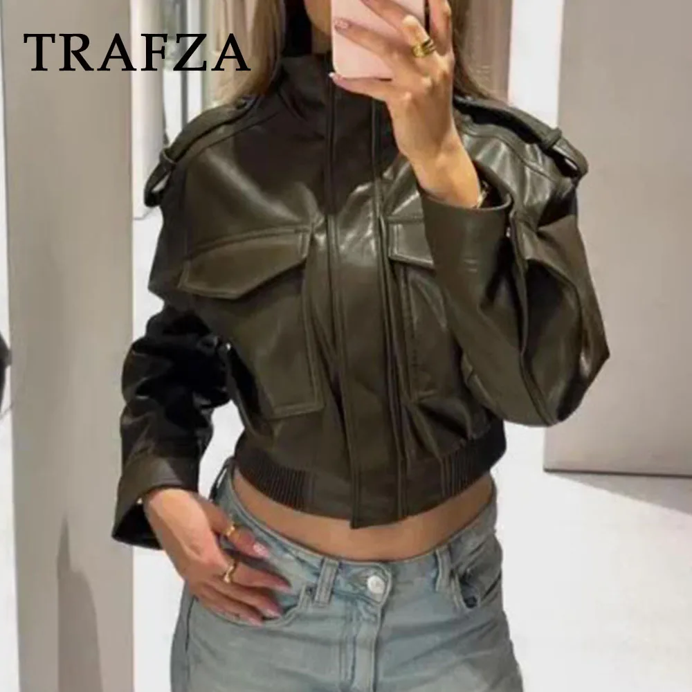 

TRAFZA Chic Autumn Cool Women 2025 PU Jackets Zipper Short Coats Loose Pockets Jacket Fashion High Street Female Casual Outwears