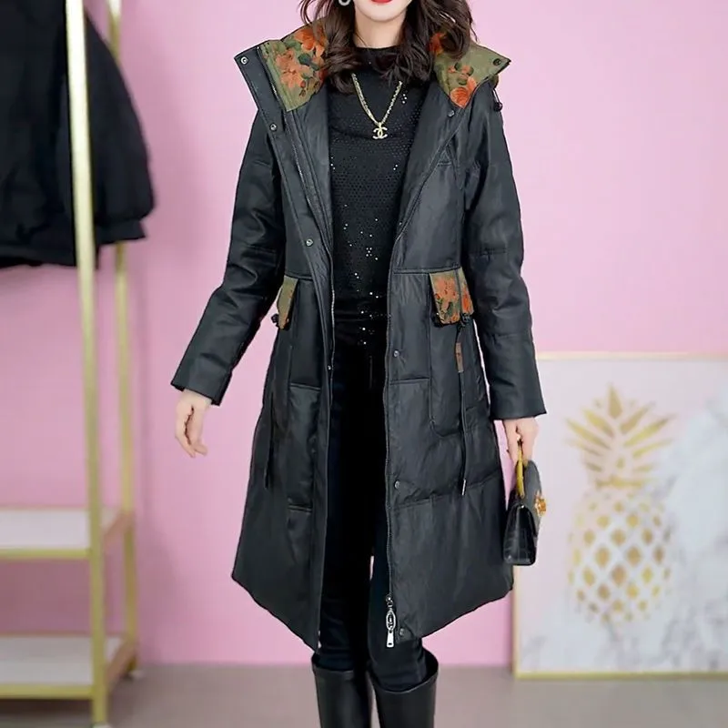 Winter Parkas Add Velvet Thick Padded Jacket Women New Fashion Hooded Mid-Length Print Cotton Clothes Female Loose Overcoat W606