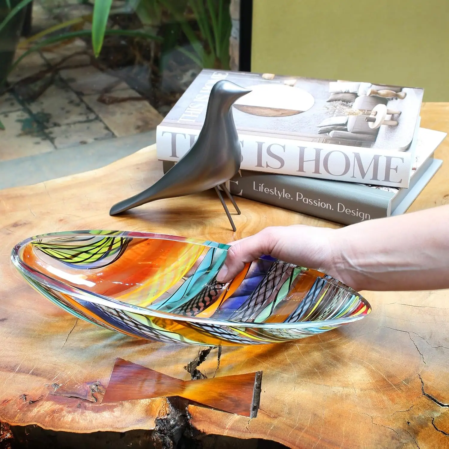 Murano Style Art Glass Bowl Hand Blown Colored Boho Effect Home Decor