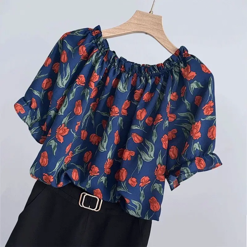 Pleated Floral Office Shirt Tops Summer New Short Sleeve All-match Print Plus Size Vintage Blouse Fashion Casual Women Clothing