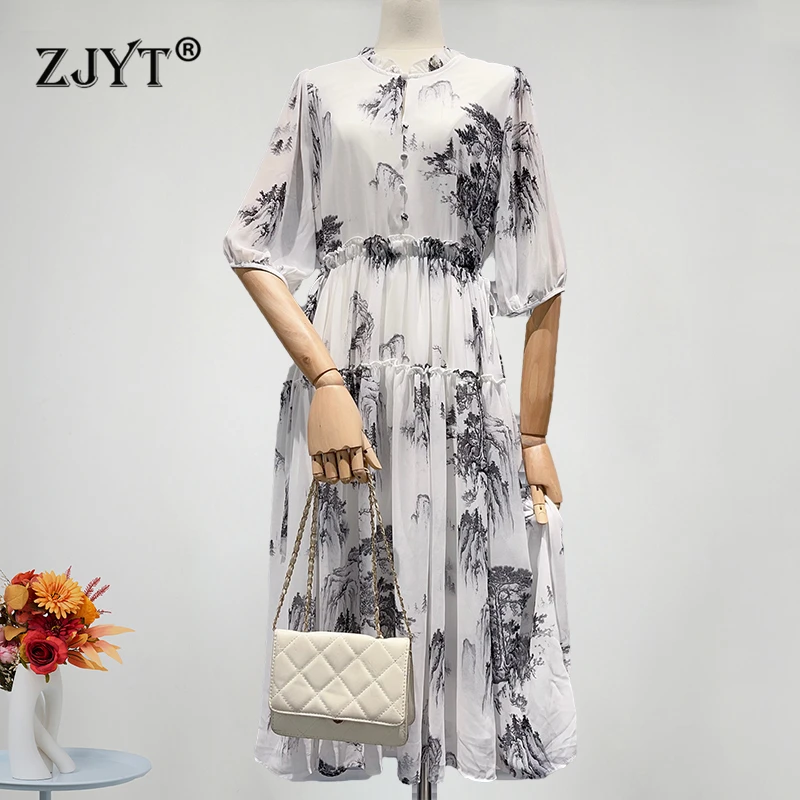 

ZJYT Ink Print Chiffon Dresses for Women Short Sleeve Loose Waist Holiday Dress Casual Vestidos Female Summer 2024 Fashion Robe