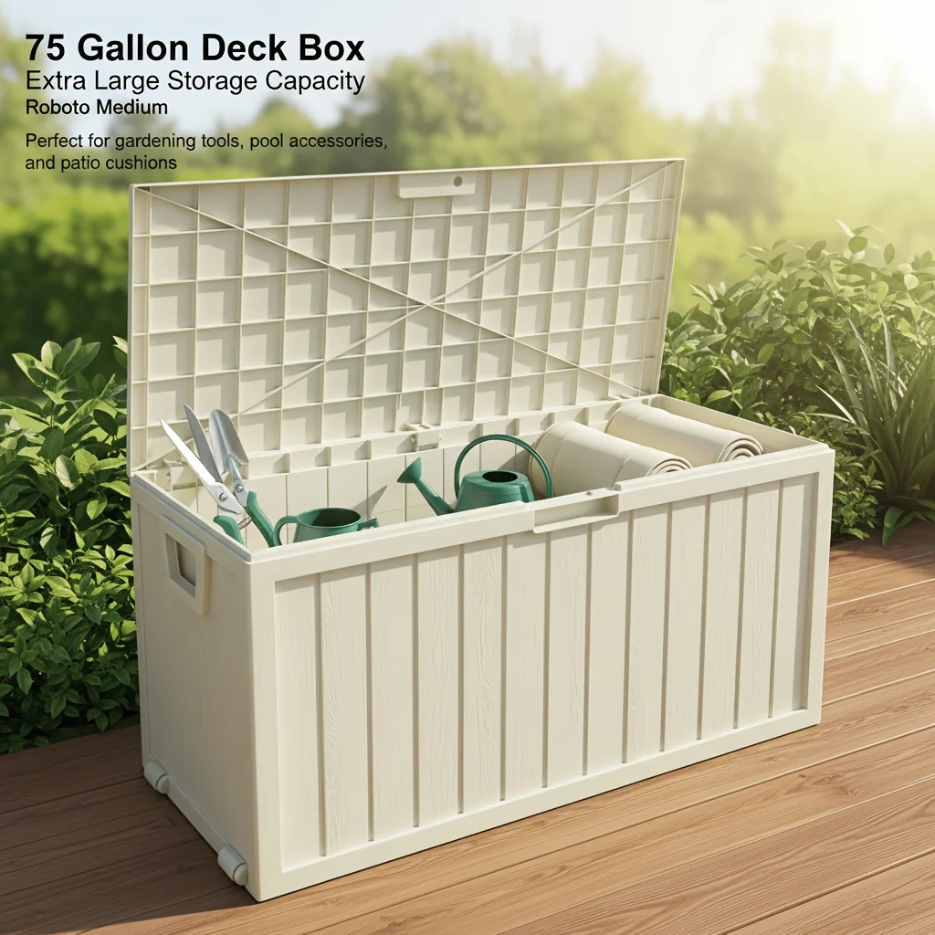 75 Gallon Outdoor Storage Box with Handles, Deck Box with Handles for Pool Additions, Garden Tools, Camping Gear, Holiday Gift, Easy to Assemble, Box, Cabinet, Rack for Outdoor Storage, with Gloves And Hammer, Box, Cabinet, Rack for Outdoor Storage