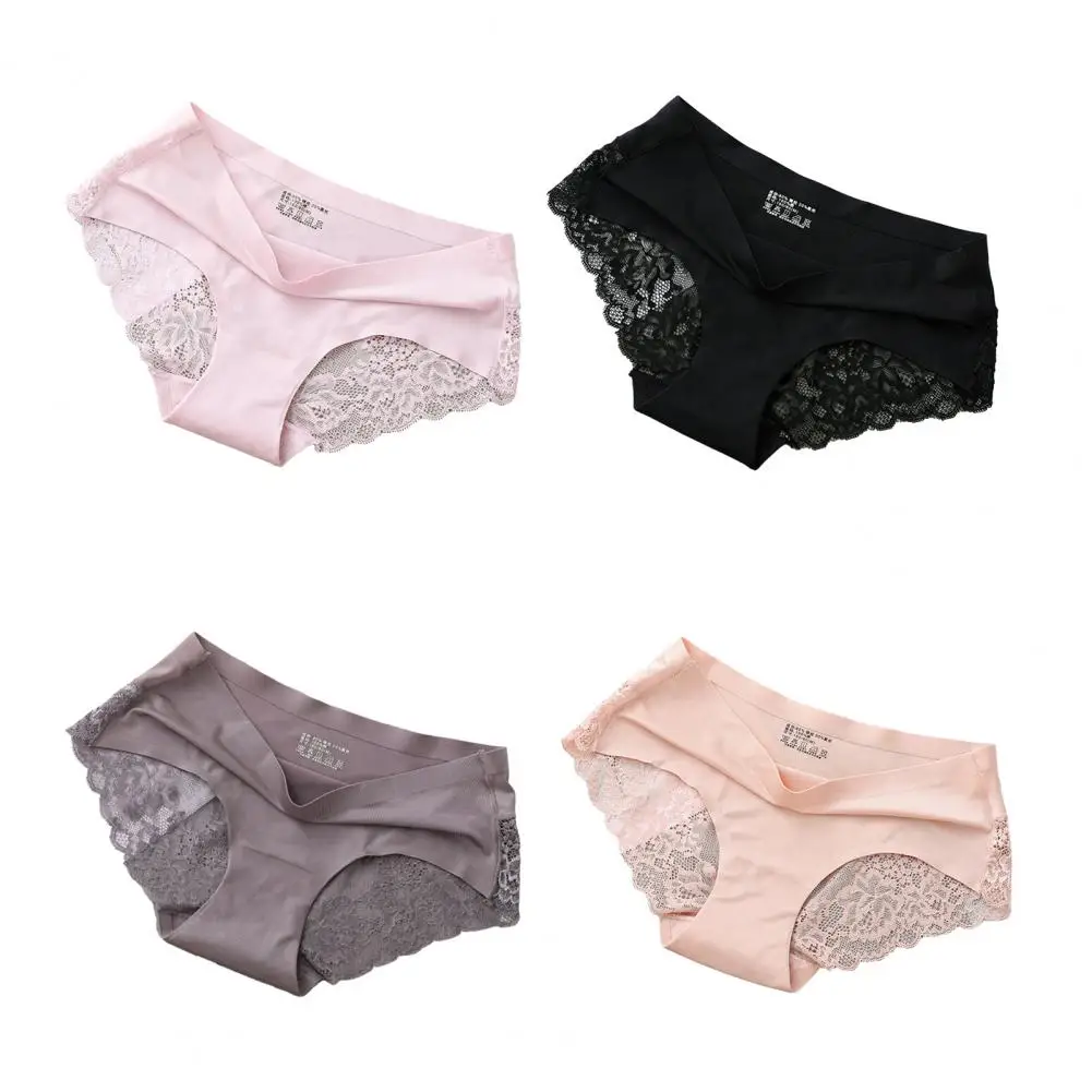 Women Lace Stitching Ice Silk Elegant Lace Stitched Ice Silk Panties for Women Mid-rise with See-through Embroidery Solid Color