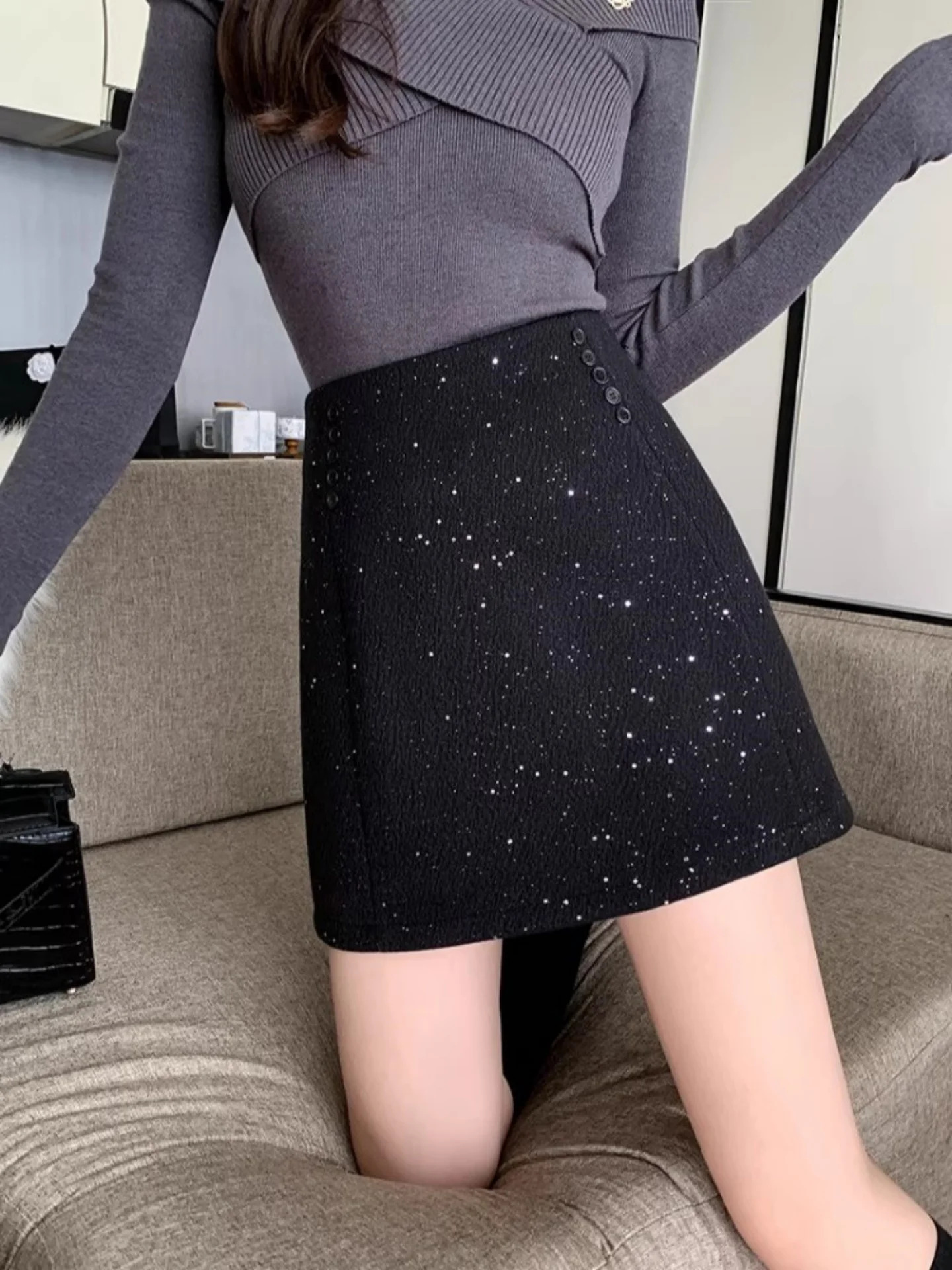 

Ele High Waist Woolen Skirt Women's Winter plus Size Flattering ort Skirt Sparkling Sequin Commute Korean Sle