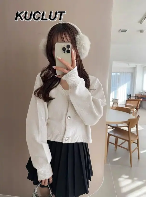 الخريف الشتاء النمط الياباني لامعة قصيرة حبال و محبوك بروتيل سترة قطعتين مجموعات للنساء لطيف الحلو الخريف الشتاء