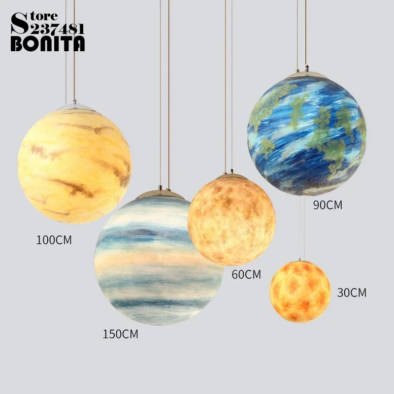 Resin Texture Planet Hanging Chandelier Mars Jupiter Saturn Uranus Sun Mercury Earth Moon Universe Milky Way Star Pendant Lamp