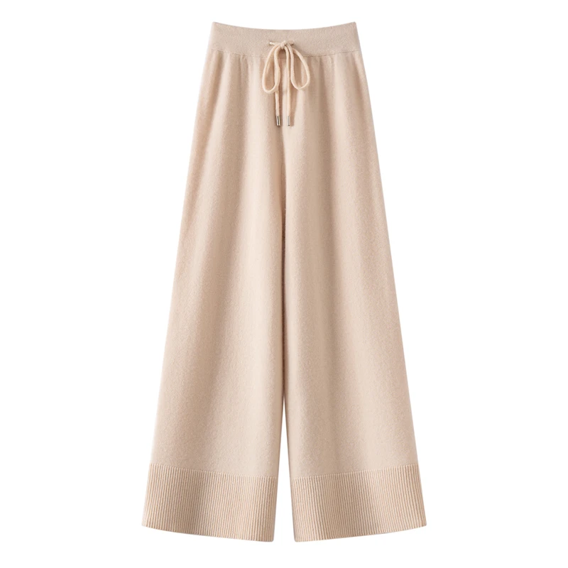 Women's High-Waist Wide-Leg Knitted Long Pants 100% Pure Cashmere Elastic Waist Loose Fit Casual Straight Leg Trousers for