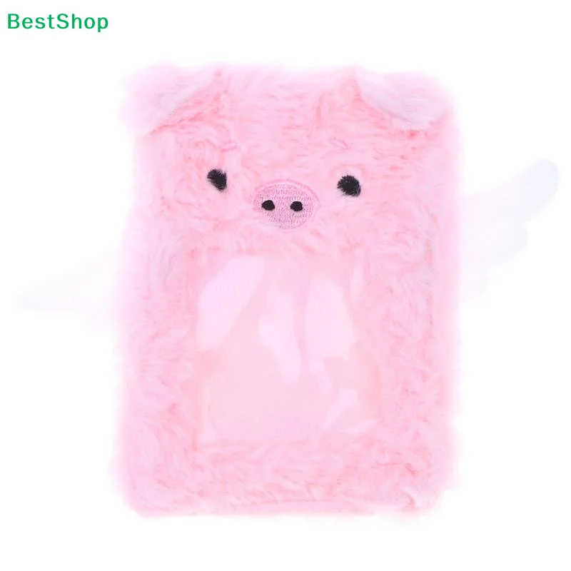 〔Q〕Pink Cute Angel Key Rings Pig Plush Card Holder 3 Inch Kawaii Fuzzy PVC Window ID Transit Card Case