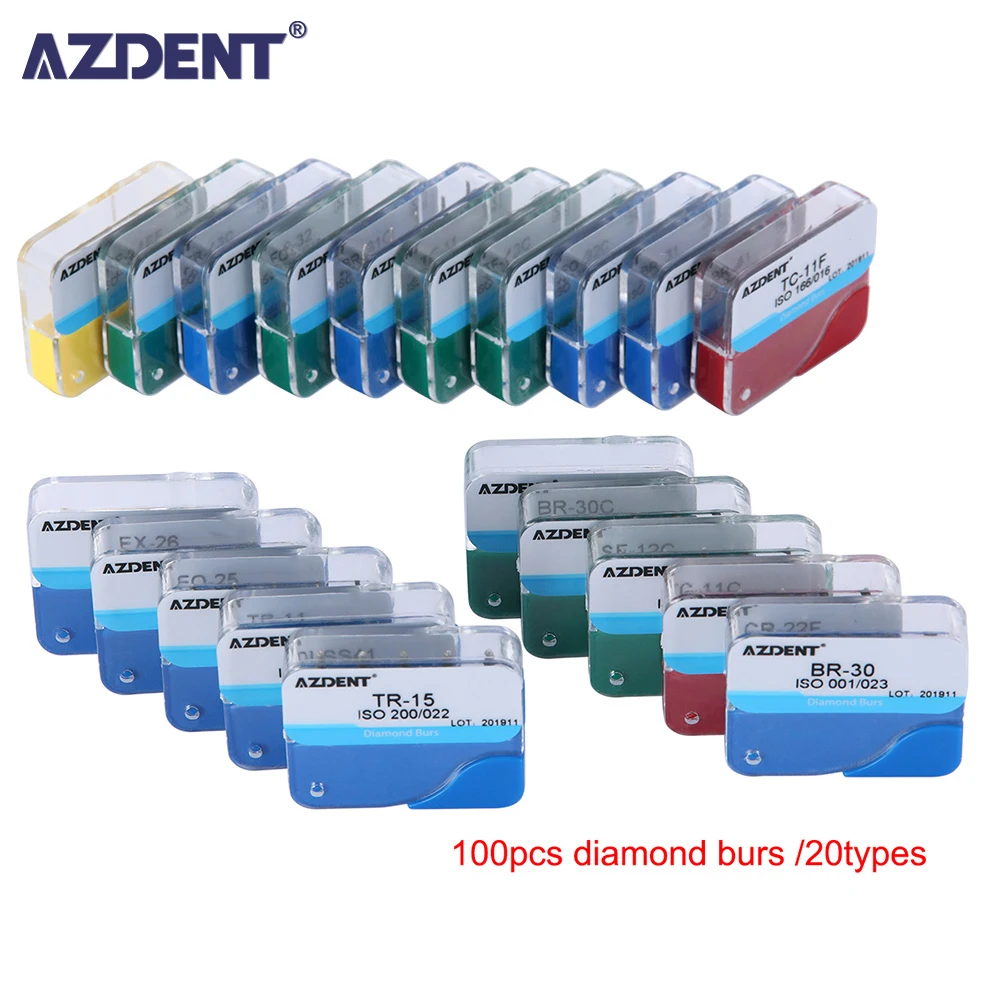 AZDENT 100 Pcs/20 Boxes Dental Diamond Burs Drill Dental Burs Dia-burs for High Speed Handpiecess Medium FG 1.6M Dentist