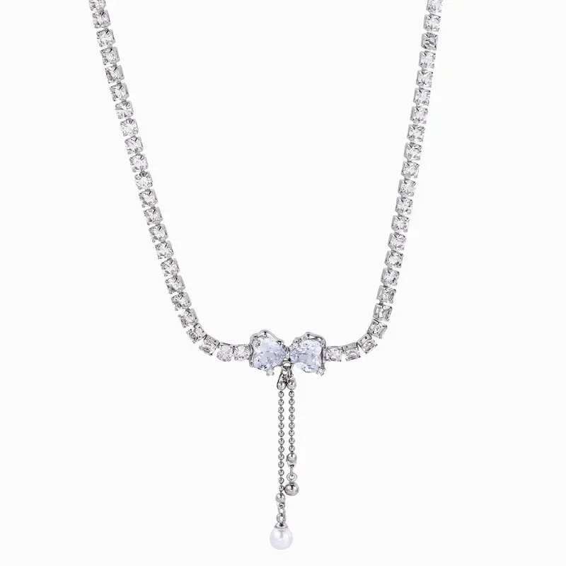 Inlaid Zircon Bow Pearl Tassel Necklace Women\'s Personalized Fashionable Clavicle Chain Accessories Party Jewelry Birthday Gifts