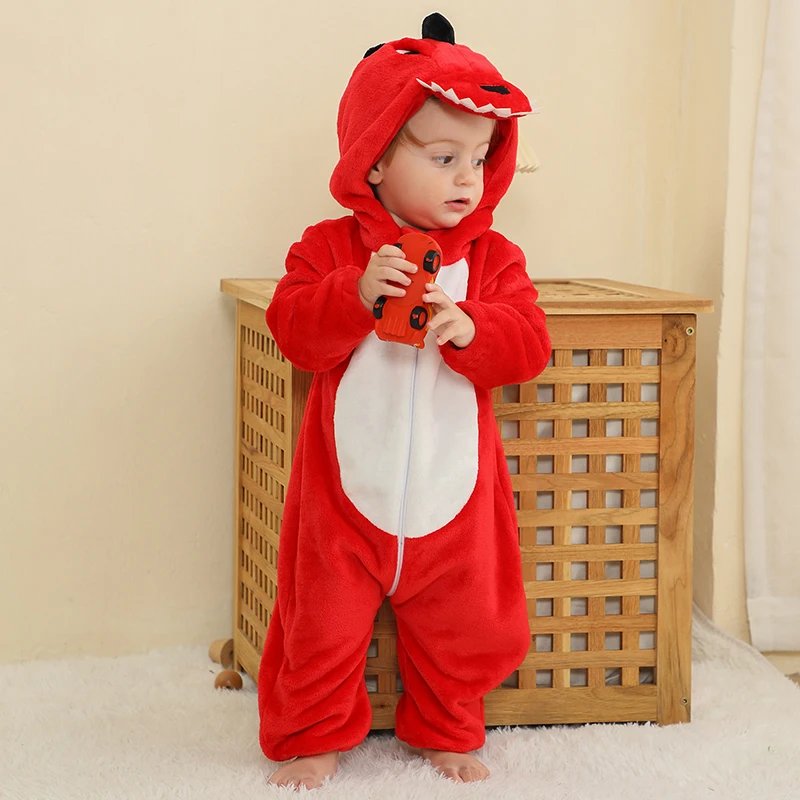 Newborn Baby Boys Rompers Red Dinosaur Halloween Cosplay Costume Winter Warm Flannel Baby Onesies Kids Overalls Girls Clothes