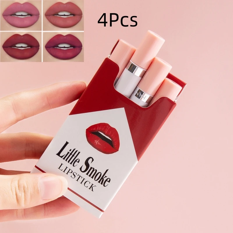 4PCS/Set Cigarette Lipstick Matte Velvet Lipstick Long Lasting Waterproof Non-Stick Cup Lips Makeup Sexy Nude Creative Lip Set